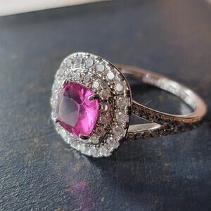 Glamorous Rhodium-Plated Size 9 Ring with Pink Gemstone and Pave Accents